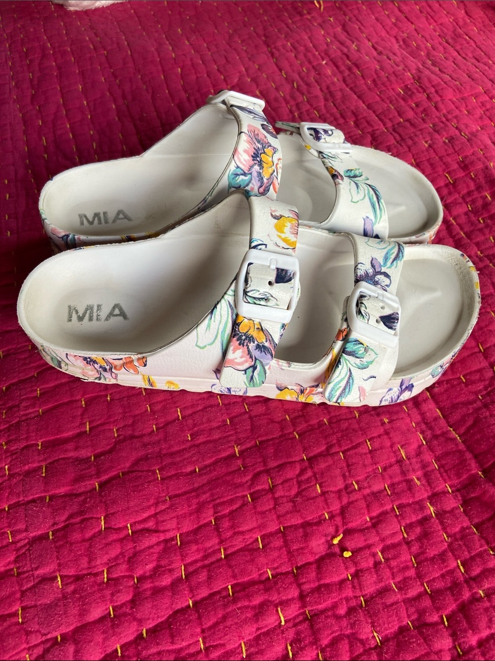 MIA White Floral Double Buckle Slide Sandals